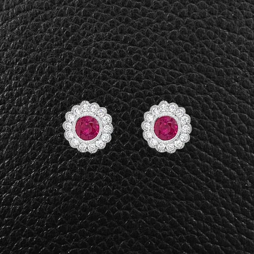 ladies party earrings gold finish -Ruby & Diamond Flower Earrings