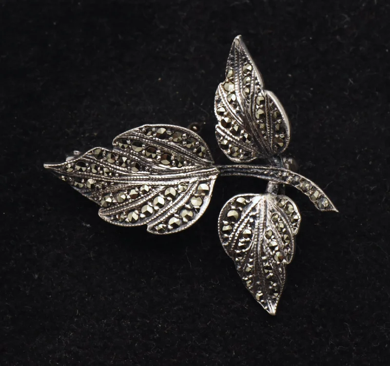 moonstone brooch for women elegant -Vintage Sterling Silver and Marcasite Leaves Brooch