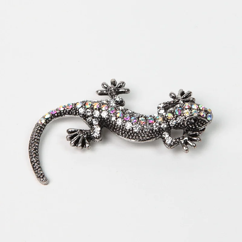 ladies gold brooch intricate patterns -Sparkly Diamante Silver-Finish Lizard Brooch with AB Crystals