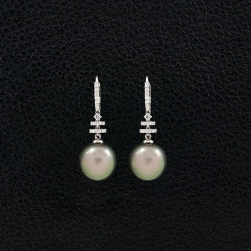 ladies rose gold earrings round stones -Tahitian Pearl & Diamond Dangle Earrings