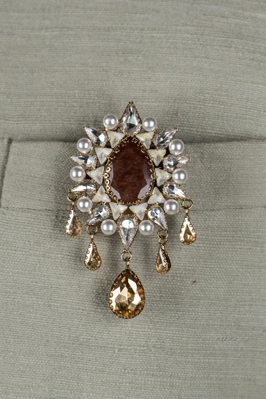 brushed silver brooch for women -Brown Crystal Studded Brooch