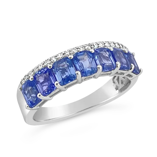 ladies gold rings feather motifs -Sapphire & Diamond Band RIng