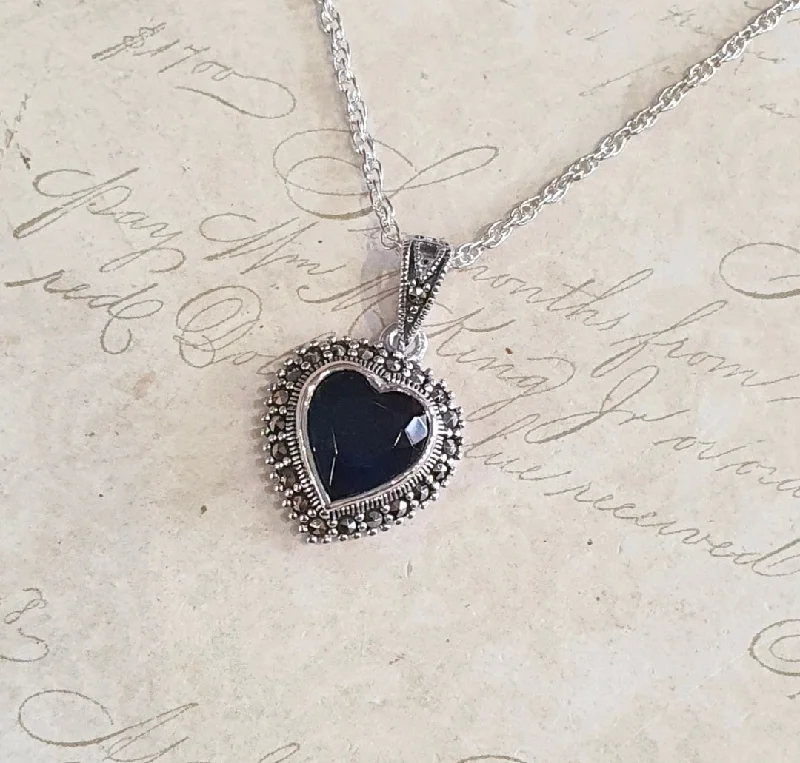 Ladies rich platinum necklaces -Sapphire Blue Heart Pendant Necklace Silver Marcasite