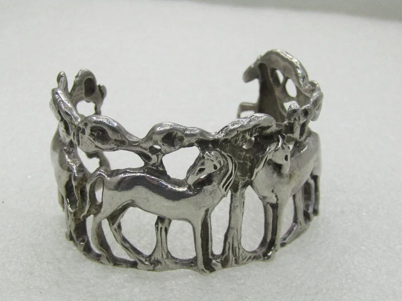 Ladies sunny charm bracelets -Vintage Sterling Silver Horse & Trees Cuff Bracelet, 6.5", Appx. 63.50 gr.