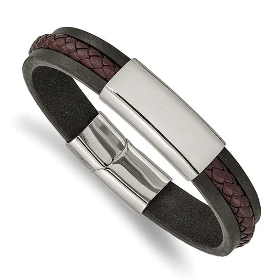 Ladies grit flair bracelets -Stainless Steel Black and Brown Braided Leather 8.25 " ID Bracelet