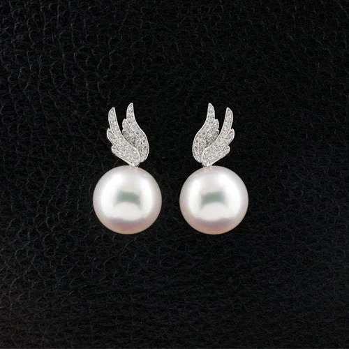 carved design earrings for women -Pearl & Diamond Wing Earrings