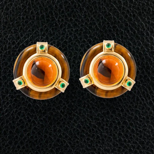 premium platinum earrings for women -Citrine, Tiger's Eye & Emerald Estate Earrings