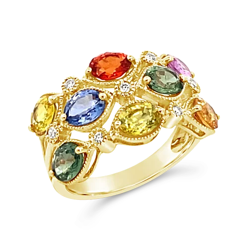 bohemian style rings for women -Three Row Rainbow Sapphire Ring