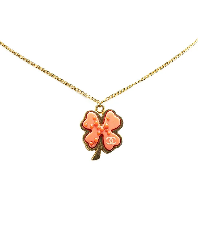 Ladies rosy pink necklaces -Gold Plated Clover Pendant Necklace with Resin Charm