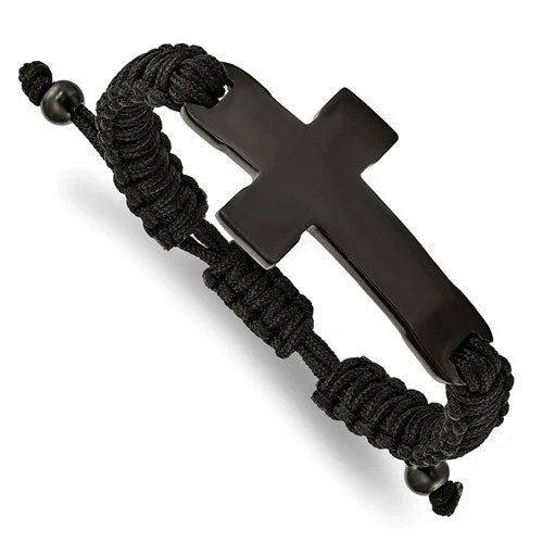 Ladies ancient gleam bracelets -Stainless Steel Polished Black IP Black Nylon Adjustable Cross Bracelet - Engravable