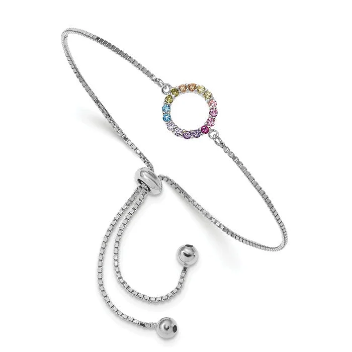 Ladies sphere orbit bracelets -Sterling Silver Colorful Rainbow CZ Open Circle Adjustable Bolo Bracelet