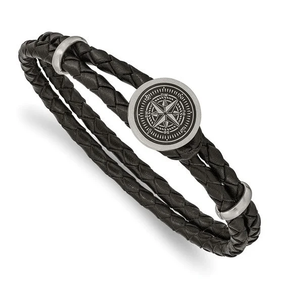 Ladies gear shine necklaces -Stainless Steel Brushed Compass Black Woven Leather 8.5 inch Bracelet