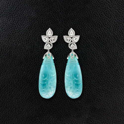 ladies leather drop earrings -Carved Aquamarine & Diamond Dangle Earrings