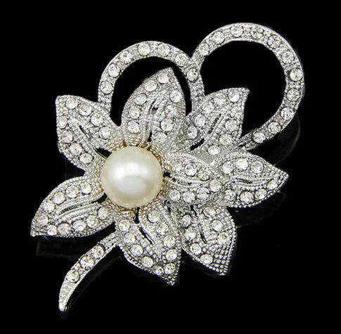 ladies silver brooch amber stones -Silver Brooch Pearls & Crystal Wedding Fashion Jewelry BR-009