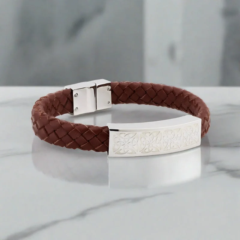 Ladies rising shine bracelets -Gents Steel Brown Leather Bracelet