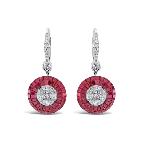 ladies earrings enamel detailing -Ruby & Diamond Dangle Earrings