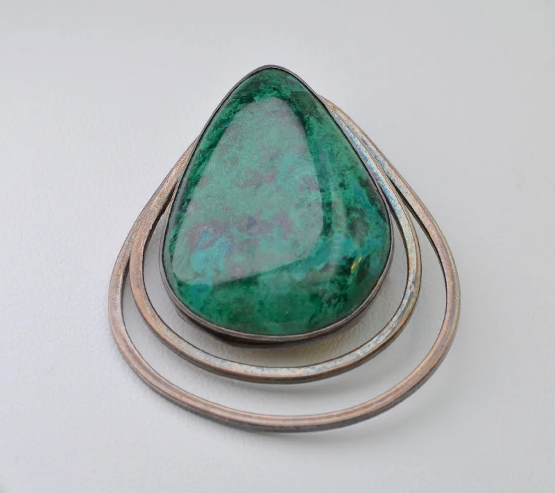 ladies silver brooch kyanite stones -Sterling Silver Brooch with Large Malachite