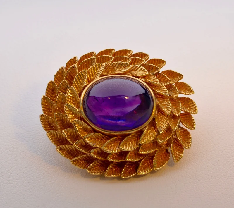 gold tree design brooch for women -14K yellow gold Amethyst brooch, circa 1940