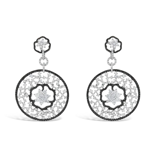 ladies earrings scalloped edges -Black & White Diamond Dangle Earrings