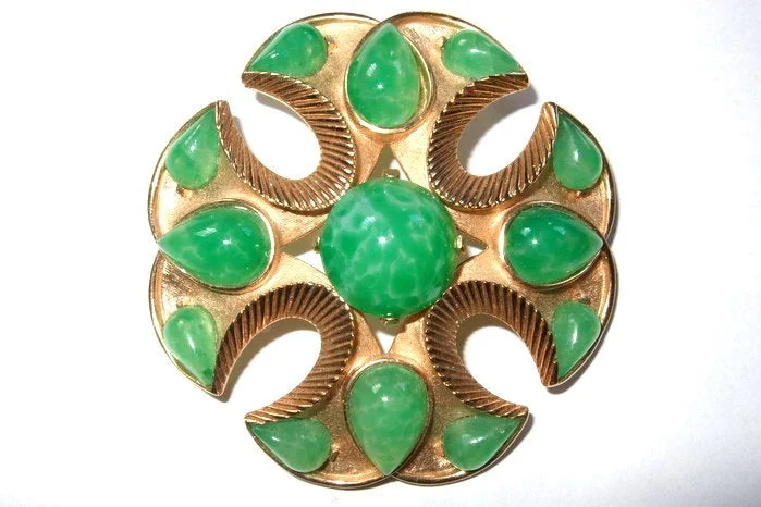 gold moon design brooch for women -Vintage Trifari Brooch Jewels Of India Jade Green Glass 1965