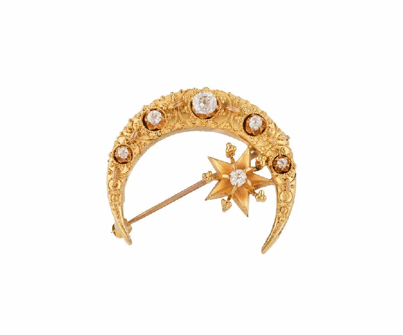 feather design brooch for women -Antique 0.55ctw European Cut Diamond Moon and Star Brooch in 18K