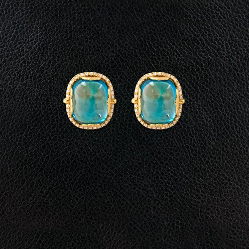 rose gold earrings for women with gems -Cabochon London Blue Topaz & Diamond Earrings