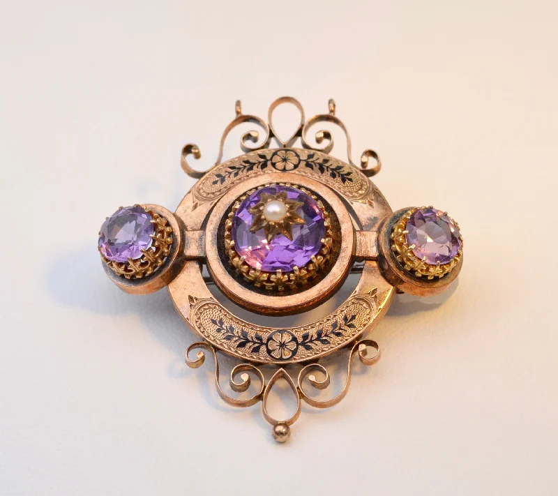 ladies silver brooch kunzite stones -Antique 18K Rose Gold Victorian Brooch with Amethysts and Seed Pearl