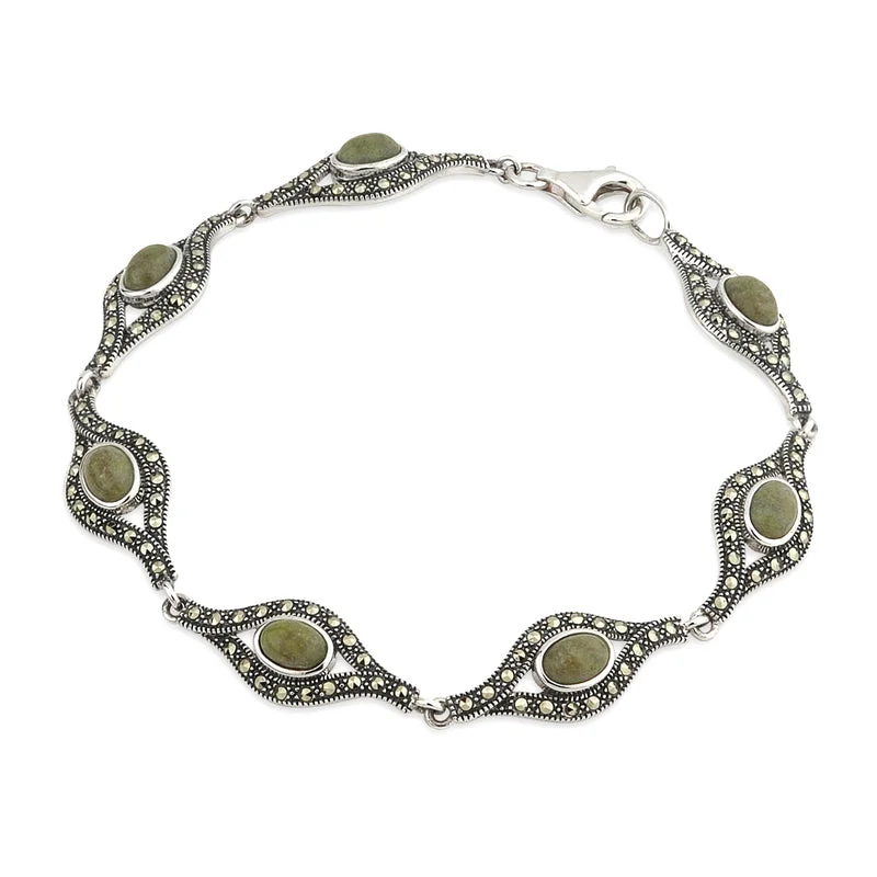 Ladies heirloom glow bracelets -Sterling Silver Connemara Marble Marcasite Bracelet