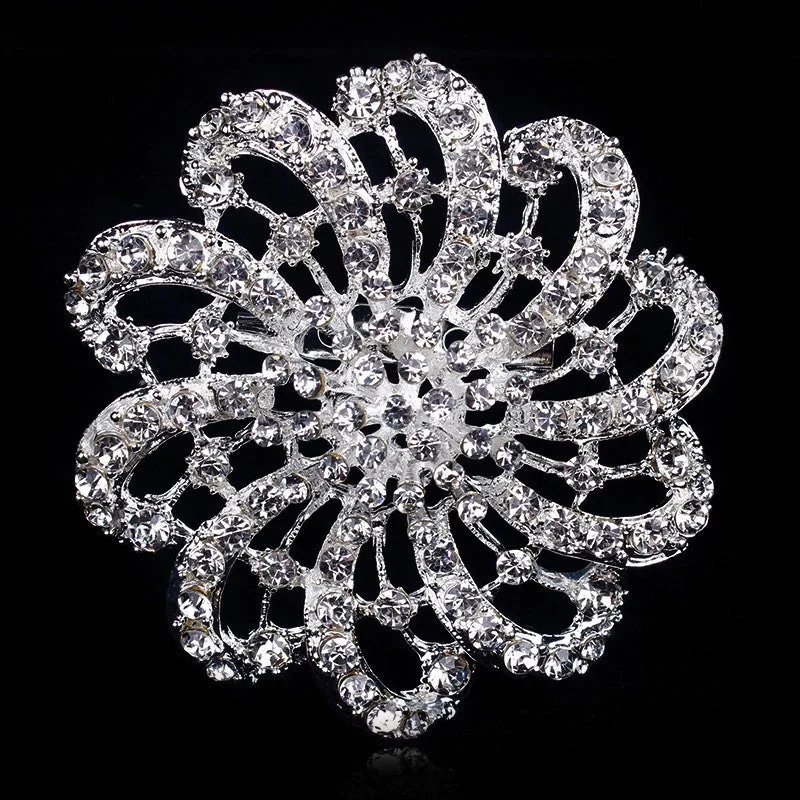 stylish silver brooch for women online -Rhinestone Flower Brooch BR-699