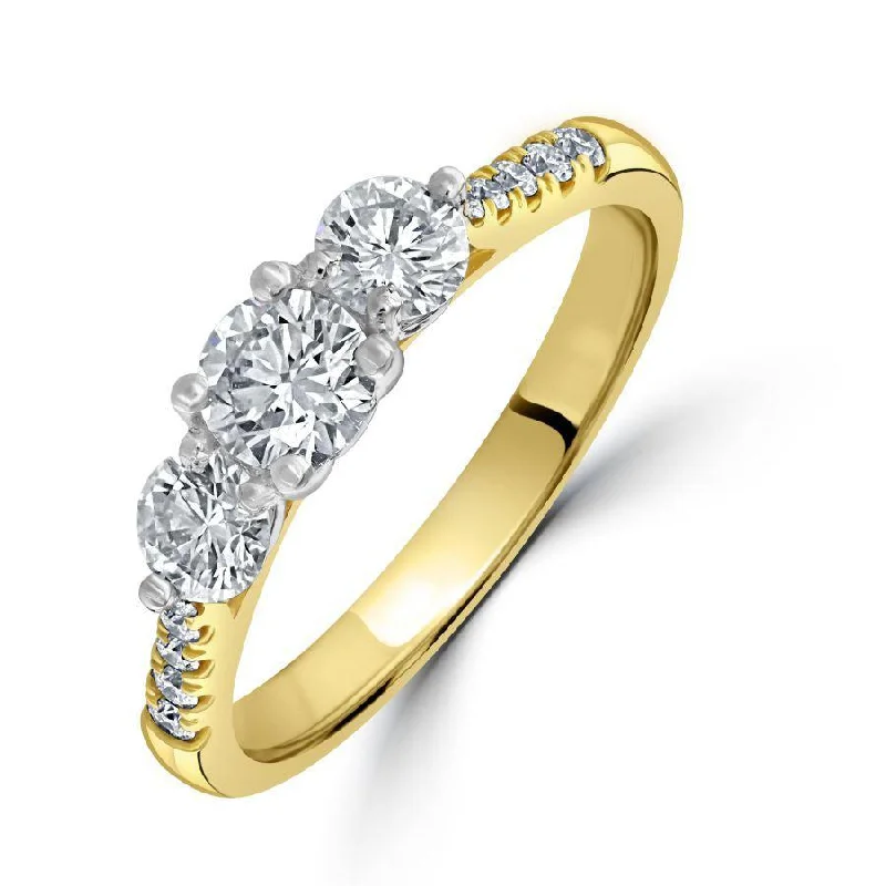 chain accent rings for women -18ct Yellow Gold Round Brilliant Cut Diamond 3-Stone Ring with Diamond Shoulders