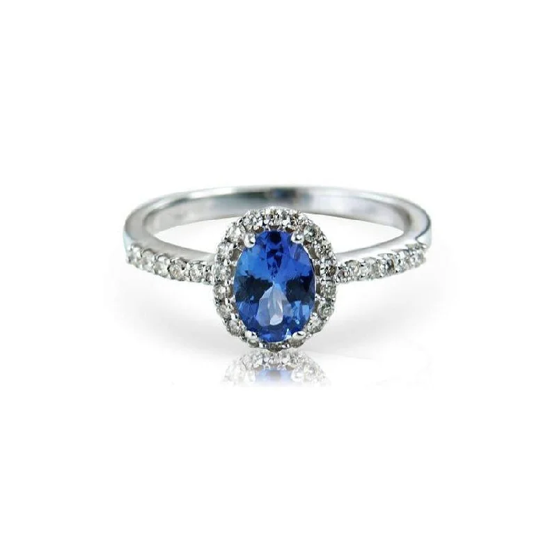 ladies gold rings bee motifs -9ct White Gold Oval Cut Tanzanite & Diamond Halo Cluster Ring with Diamond Shoulders