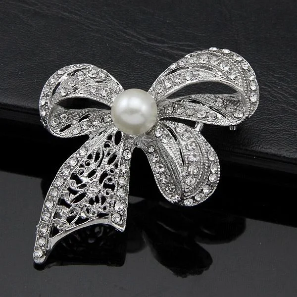 vintage engraved brooch for women -Gold Silver Bow Brooch Rhinestone BR-903