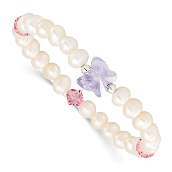 Ladies lustrous crystal bracelets -Sterling Silver Pearl Crystal Butterfly Children's Stretch Bracelet