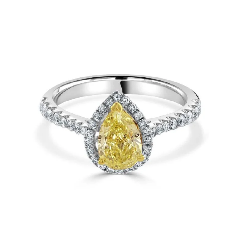 minimalist dot rings for women -18ct White Gold Pear Cut Yellow Diamond Halo Cluster Ring with Diamond Shoulders