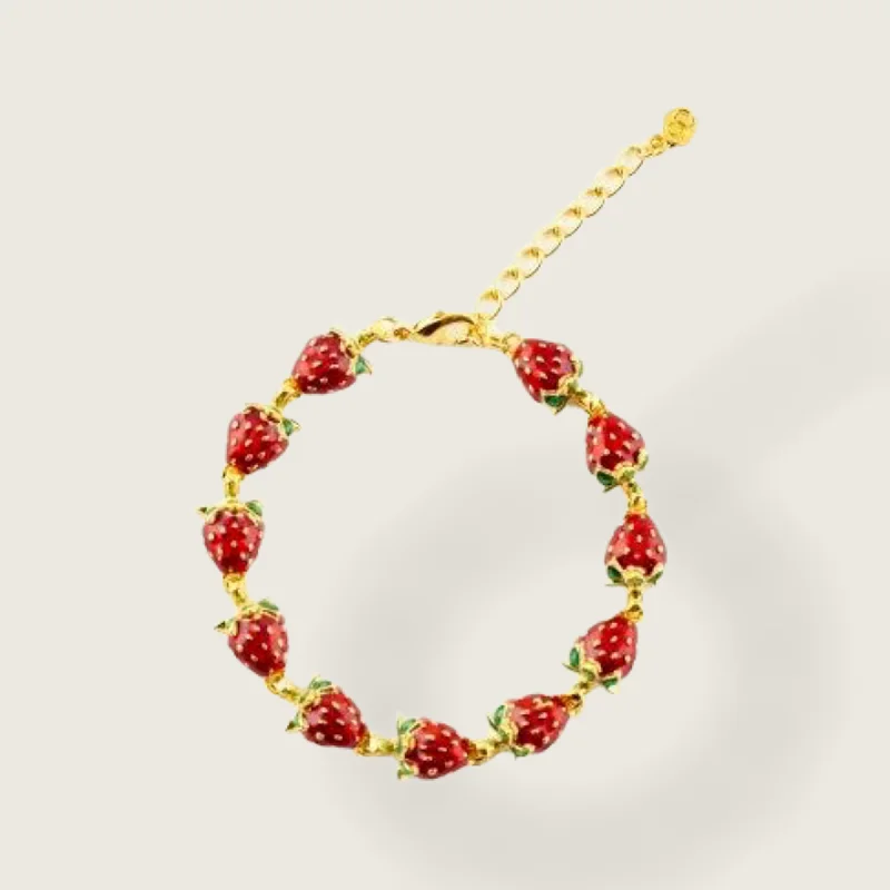 Ladies cozy fall bracelets -Strawberry Bracelet by Bill Skinner Red Enamel Gold Fruits