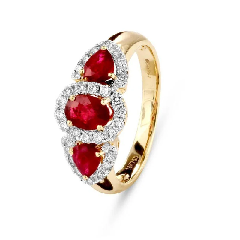 ladies gem rings ocean themes -18ct yellow & white gold Ruby & Diamond triple cluster ring