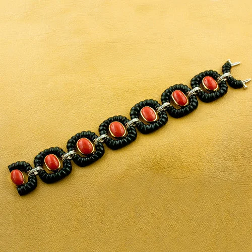 Ladies bright charm bracelets -Coral, Onyx & Diamond Bracelet